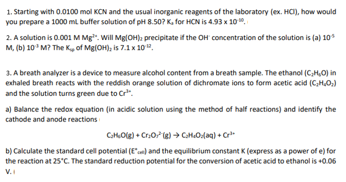 Solved 1. Starting with 0.0100 mol KCN and the usual | Chegg.com