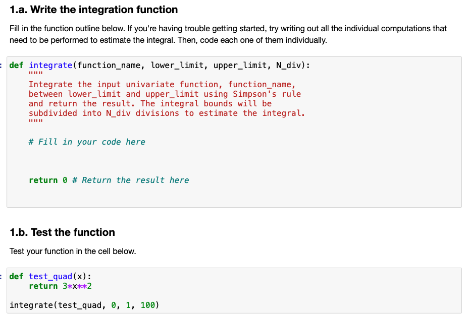 Solved 1.a. Write the integration function Fill in the | Chegg.com