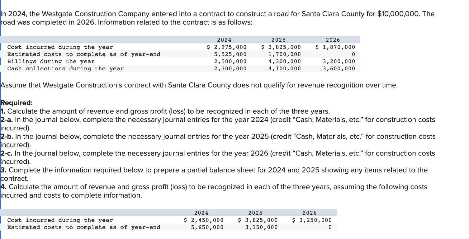 Solved In 2024, the Westgate Construction Company entered