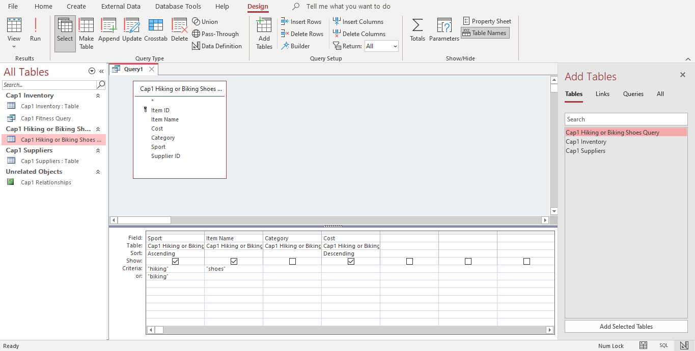 Solved Create a copy of Cap1 Fitness Query named Cap1 Hiking | Chegg.com