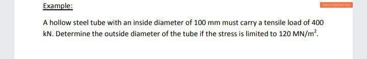 Solved Example: A hollow steel tube with an inside diameter | Chegg.com