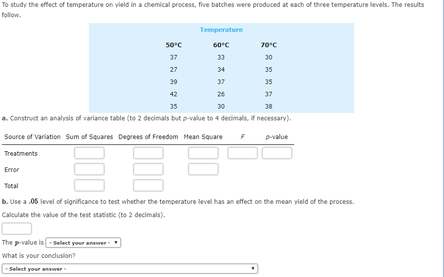 Solved To study the effect of temperature on yield in a | Chegg.com