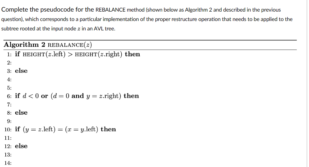 Solved Complete the pseudocode for the REBALANCE method | Chegg.com