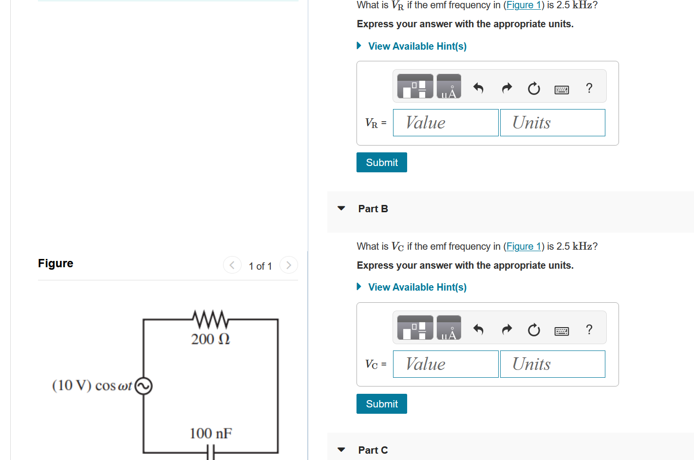 Solved What is VR if the emf frequency in (Figure 1) is