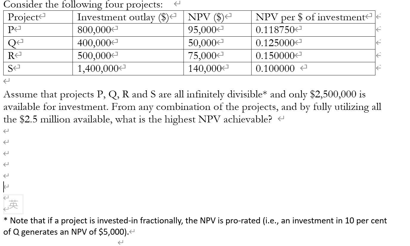 Solved k Consider the following four projects: Project | Chegg.com