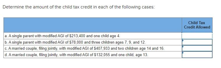 Solved Determine The Amount Of The Child Tax Credit In Each Chegg