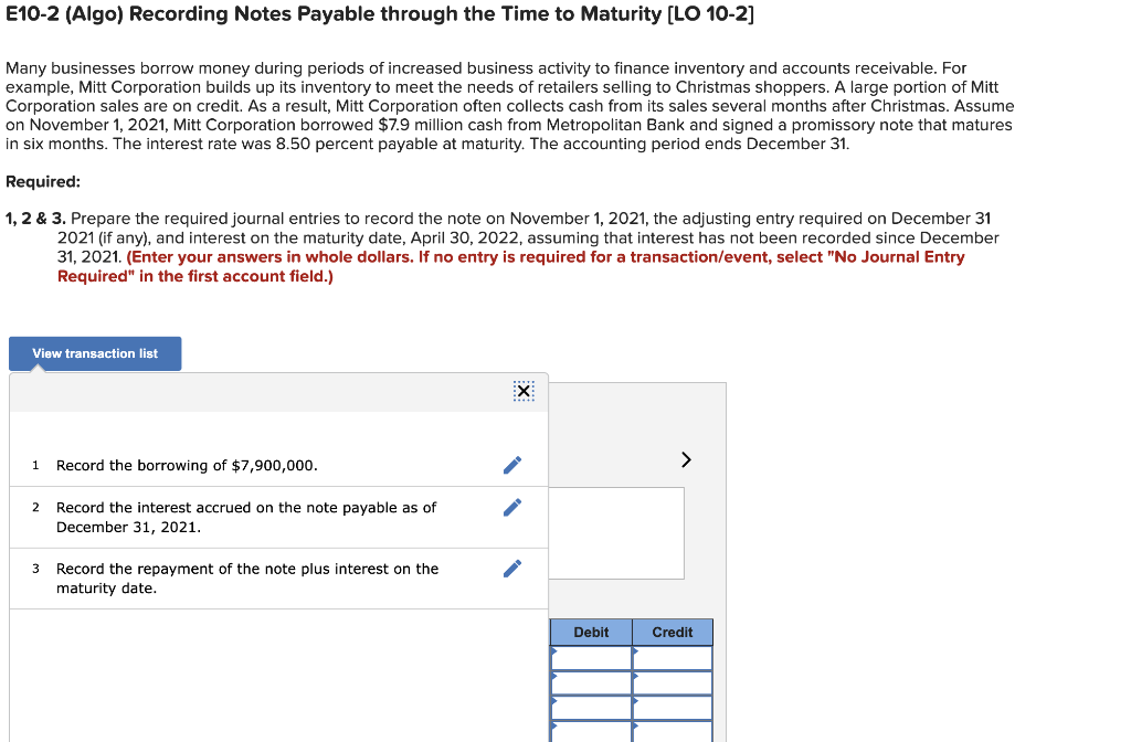 Solved E10-2 (Algo) Recording Notes Payable through the Time | Chegg.com