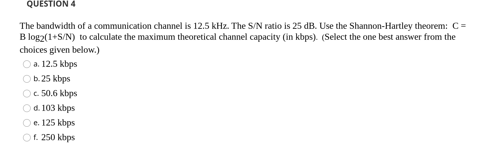 Solved QUESTION 4 The bandwidth of a communication channel | Chegg.com