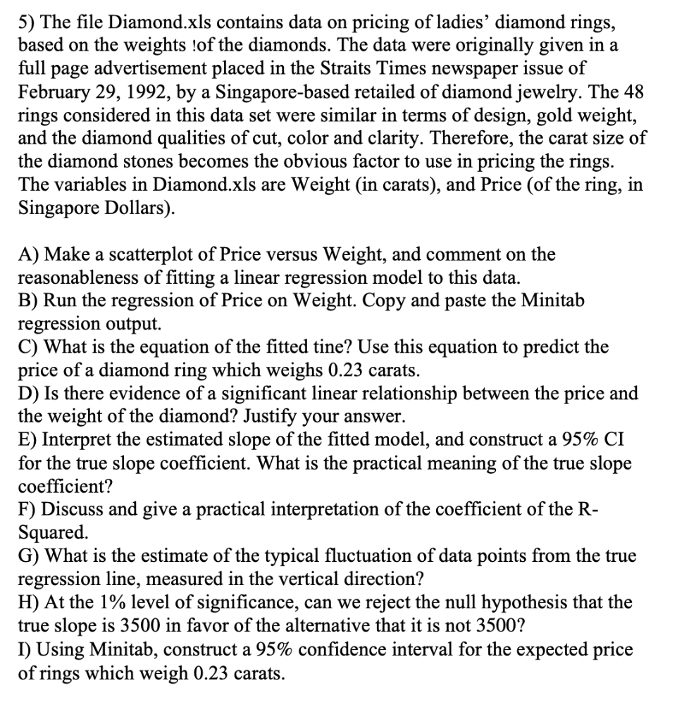 Solved 5) The file Diamond.xls contains data on pricing of