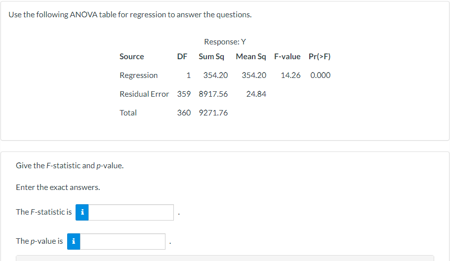 Solved Use the following ANOVA table for regression to | Chegg.com