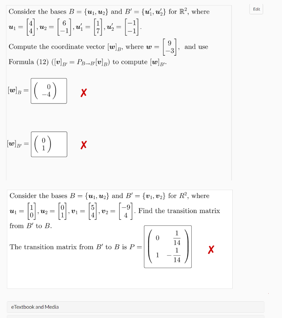 Solved Edit Consider The Bases B = {U1, Uz} And B' = {u1, | Chegg.com