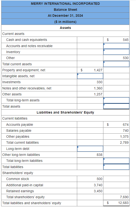 Solved The following balance sheet information (in \$ | Chegg.com