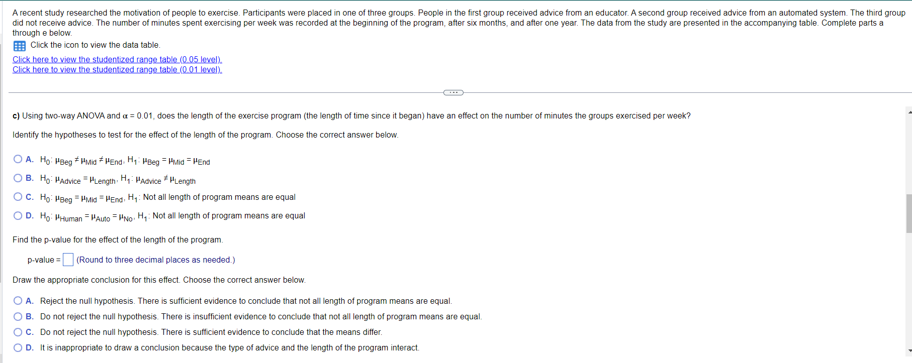 Studentized range table (0.05 level)through e below. | Chegg.com