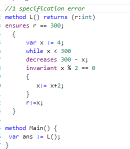 Solved //1 specification error method L() returns (r:int) | Chegg.com