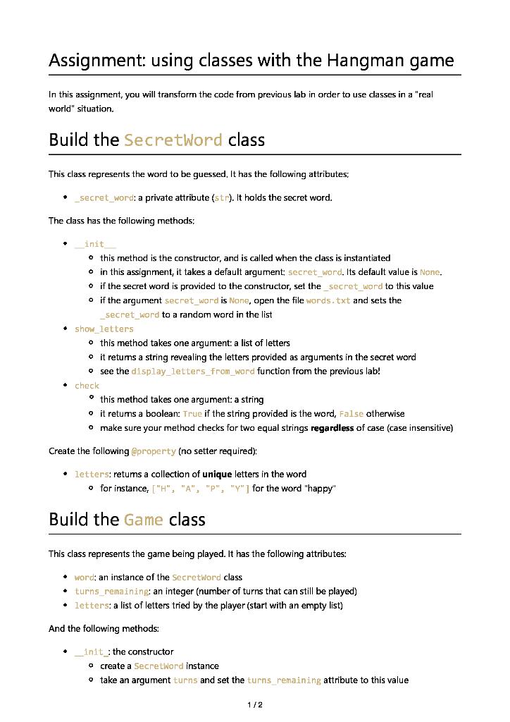 Solved Assignment: using classes with the Hangman game In | Chegg.com