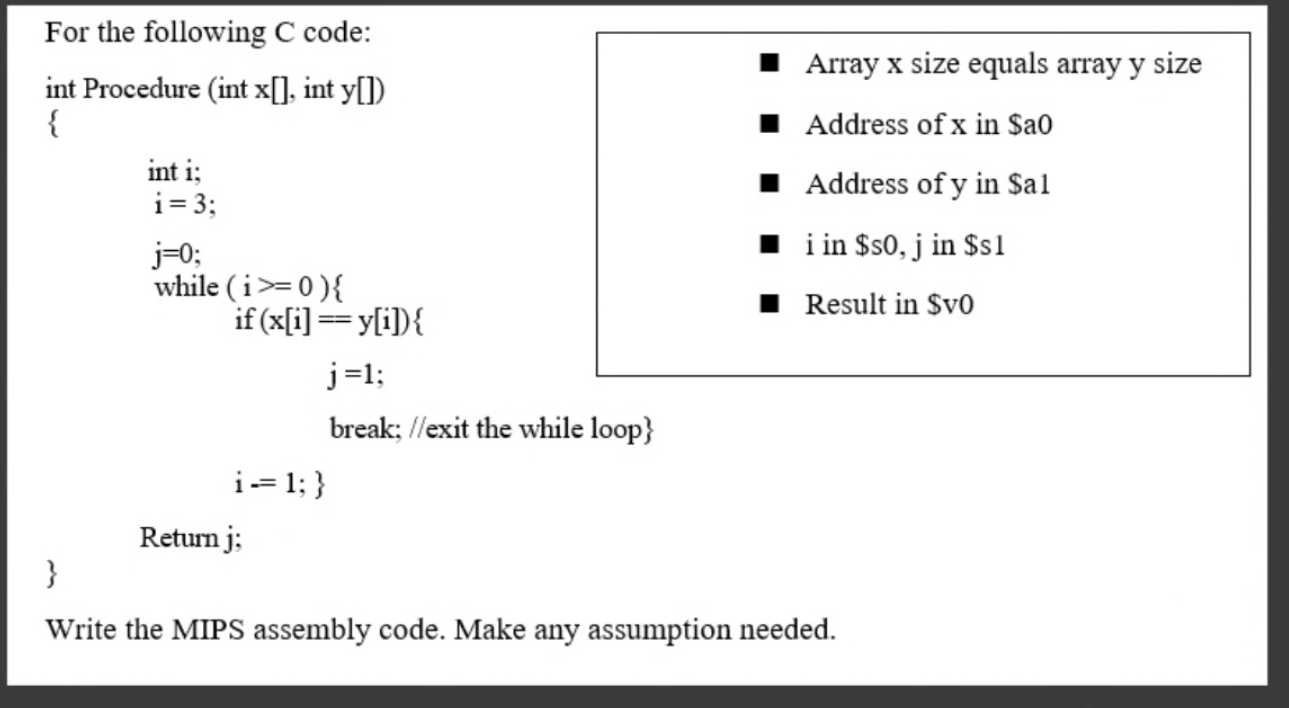 Solved For the following C code: Array x size equals array y | Chegg.com