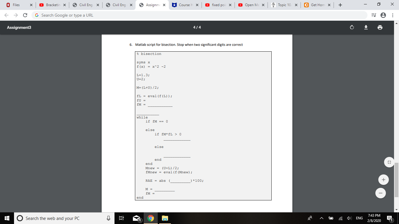 Solved Please complete the script : Matlab script for | Chegg.com