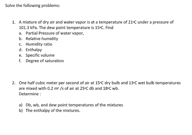 Solved Solve The Following Problems 1 A Mixture Of Dry Air 4969