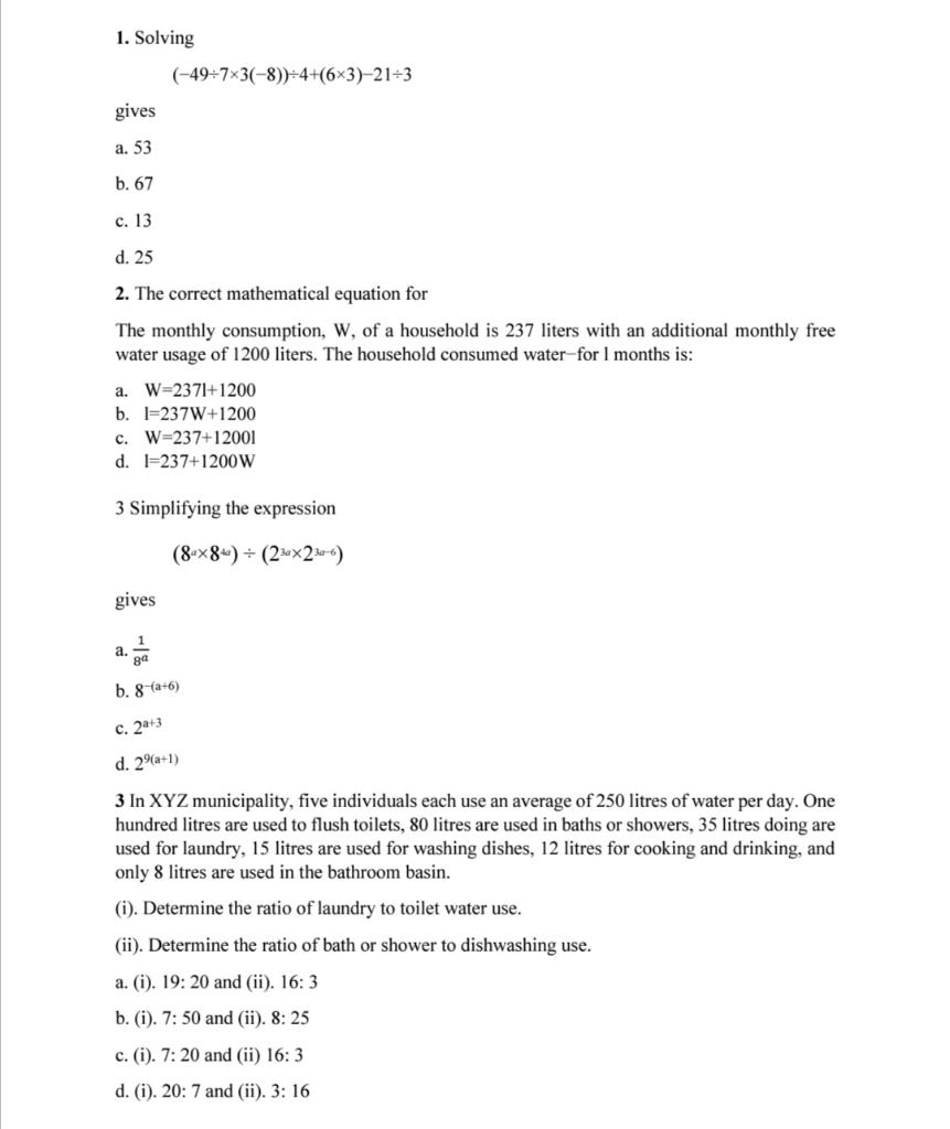 Solved 1. Solving (−49÷7×3(−8))÷4+(6×3)−21÷3 gives a. 53 b. | Chegg.com