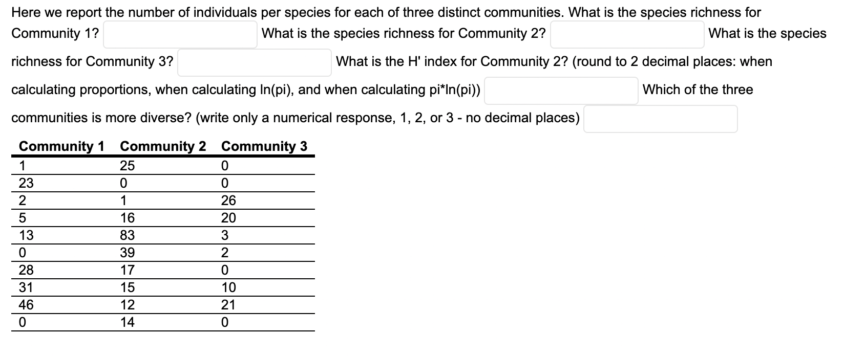 Solved Here we report the number of individuals per species | Chegg.com