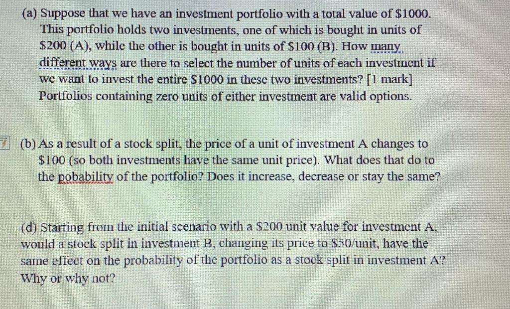 Solved (a) Suppose That We Have An Investment Portfolio With | Chegg.com