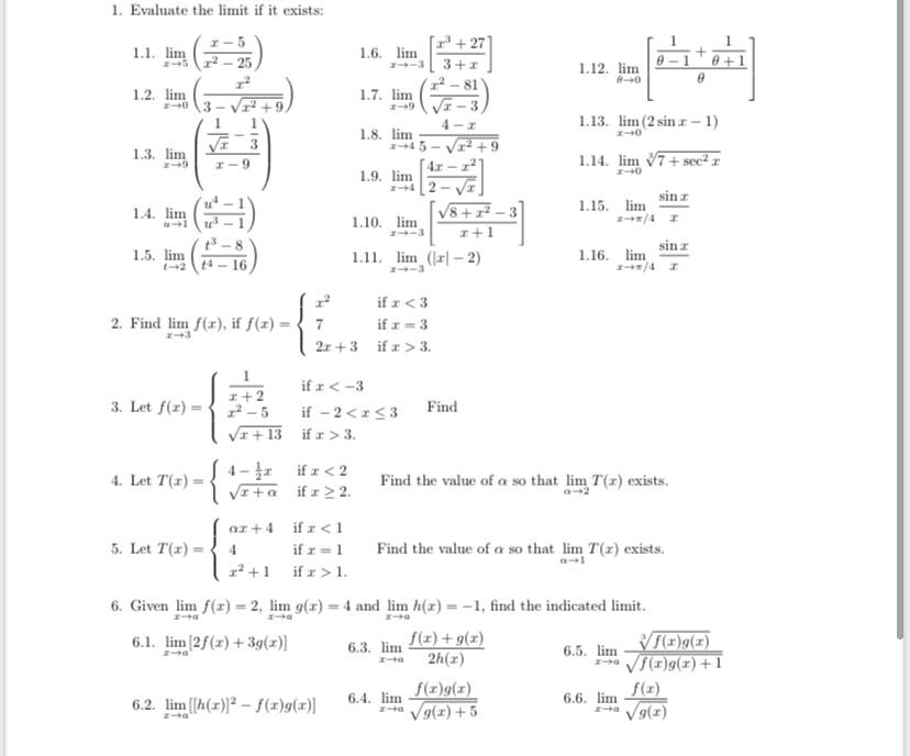 Solved 1. Evaluate the limit if it exists: 1.1. | Chegg.com