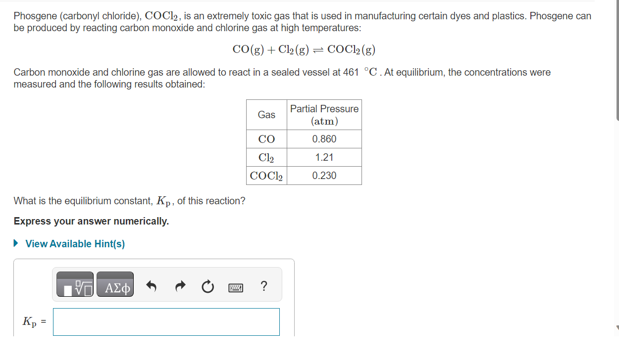 Solved Phosgene (carbonyl chloride), COCl2, is an extremely | Chegg.com