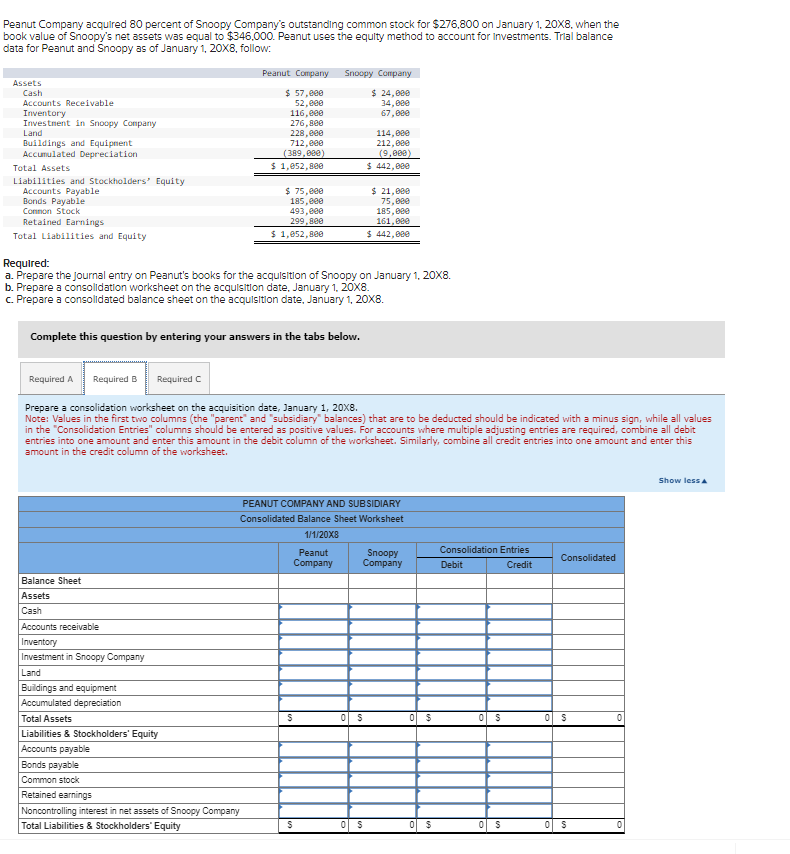 Solved Peanut Company acquired 80 ﻿percent of Snoopy | Chegg.com