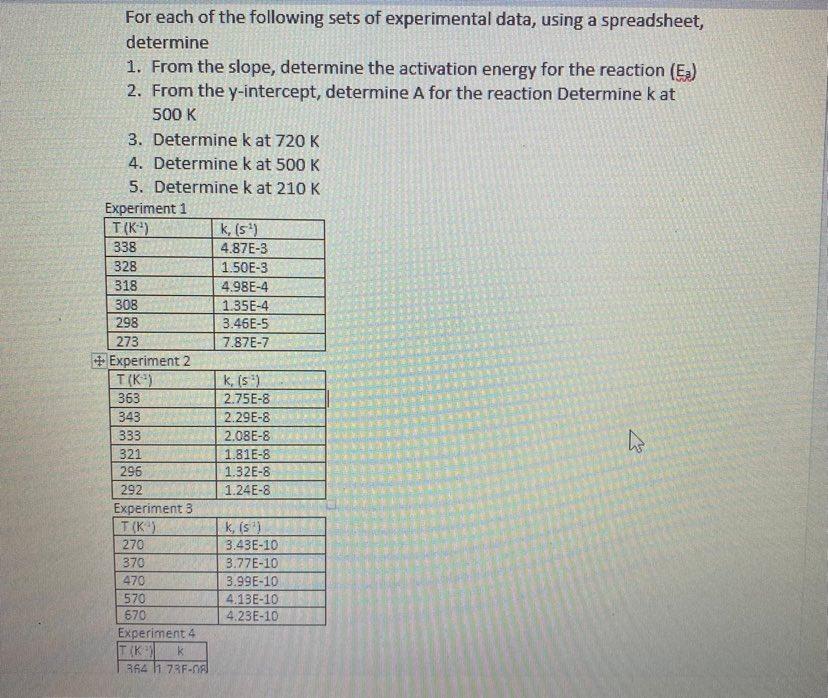 Solved For each of the following sets of experimental data, | Chegg.com