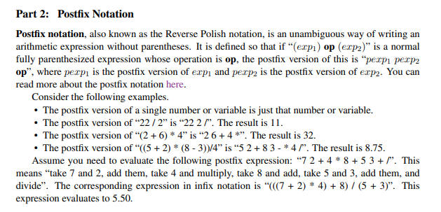 Part 3: Using a Stack ADT to evaluate postfix | Chegg.com