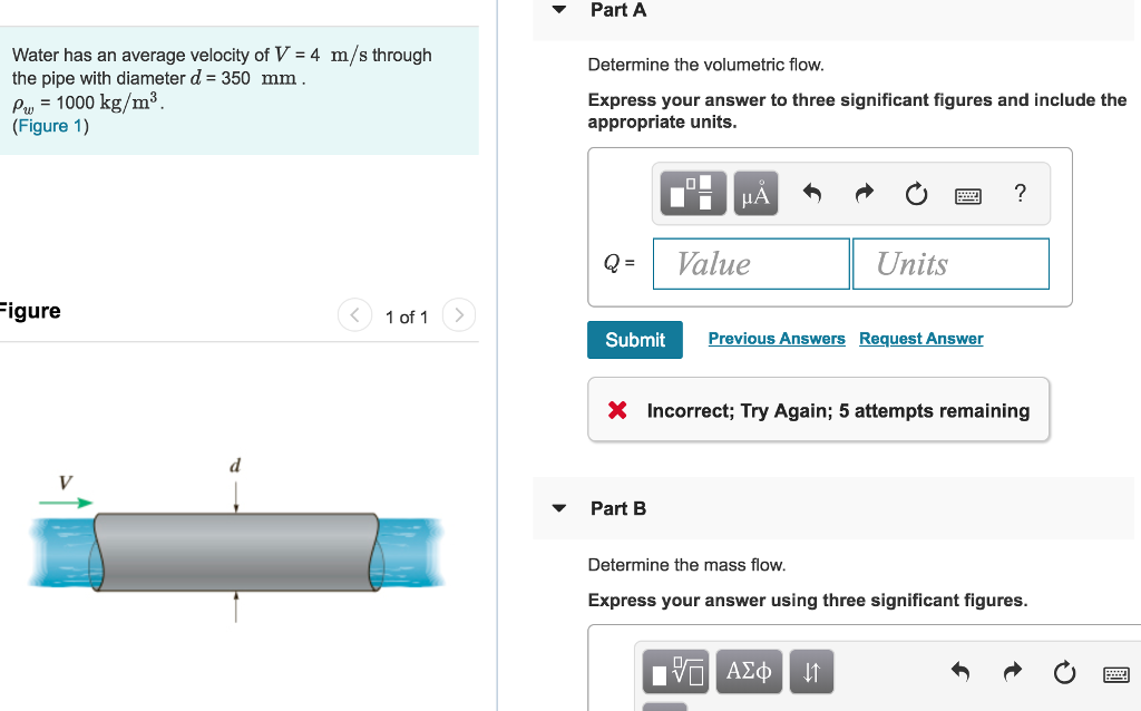 Solved Part A Water has an average velocity of V 4 m/s | Chegg.com