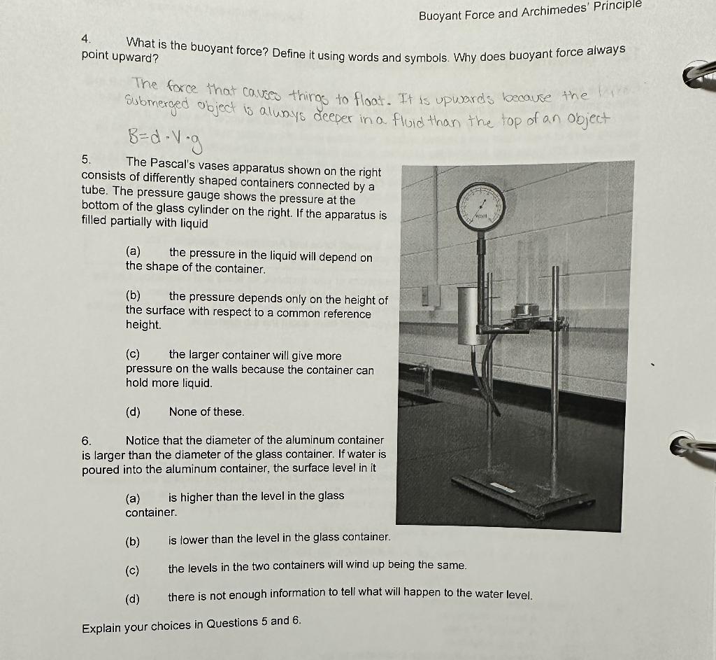 Solved 4. What is the buoyant force? Define it using words