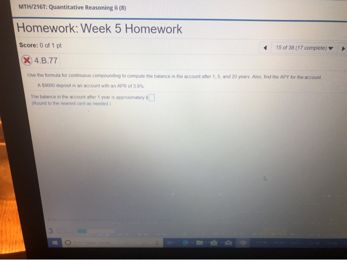 Solved MTH/216T: Quantitative Reasoning Li (8) Homework: | Chegg.com