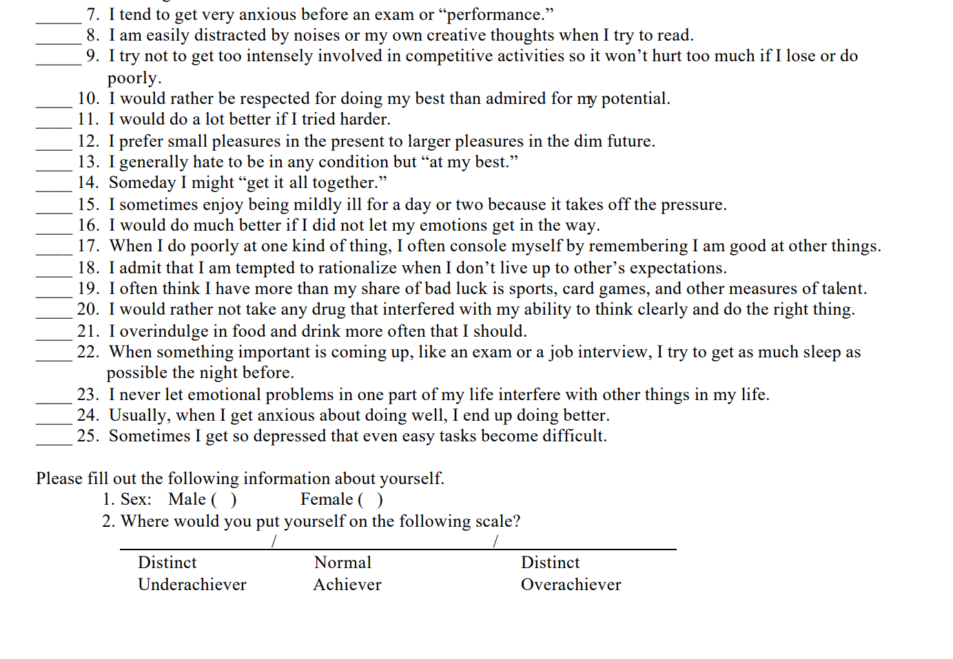 Solved Complete the “SelfHandicapping Scale'' as you