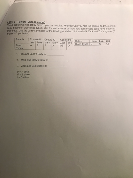 Solved PART 2-Blood Types (6 marks) Three bables were | Chegg.com