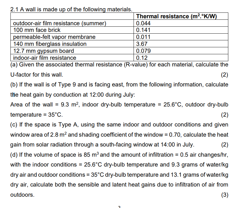 2.1 A Wall Is Made Up Of The Following Materials. (a) 