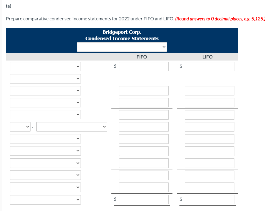 (a) prepare comparative condensed income statements for 2022 under fifo and lifo. (round answers to decimal places, e.g. 5,12