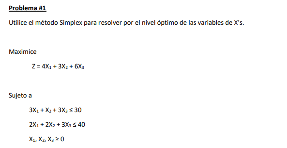 Utilice el método Simplex para resolver por el nivel óptimo de las variables de Xs. Maximice \[ Z=4 X_{1}+3 X_{2}+6 X_{3} \]