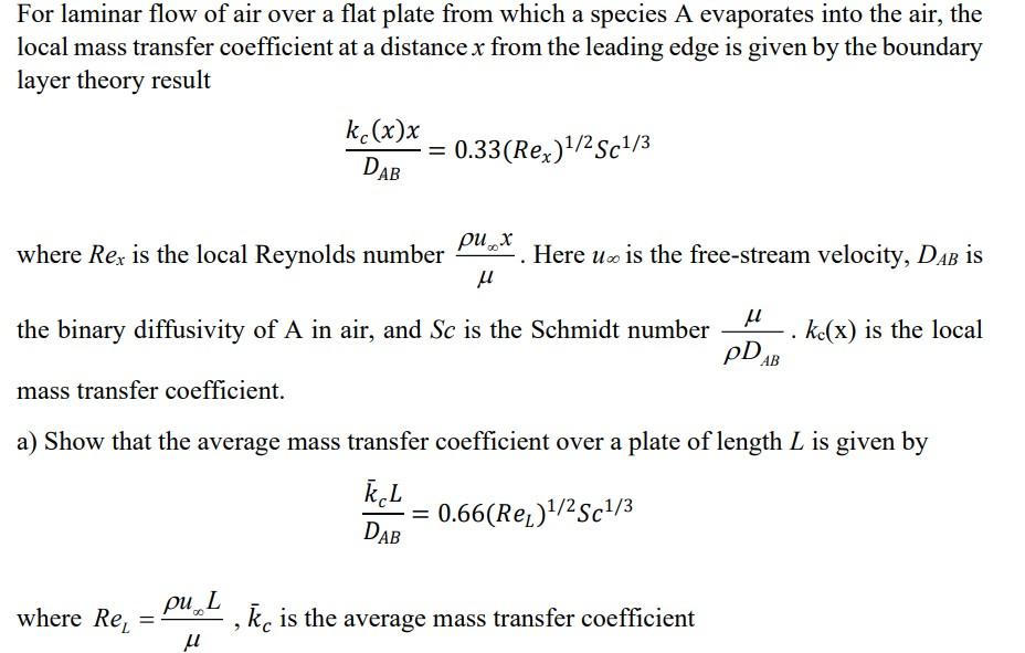 Solved For laminar flow of air over a flat plate from which | Chegg.com