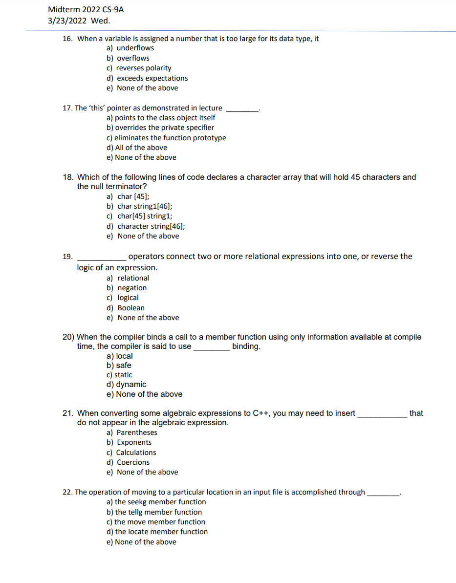 Solved Midterm 2022 CS-9A 3/23/2022 Wed. 16. When a variable | Chegg.com