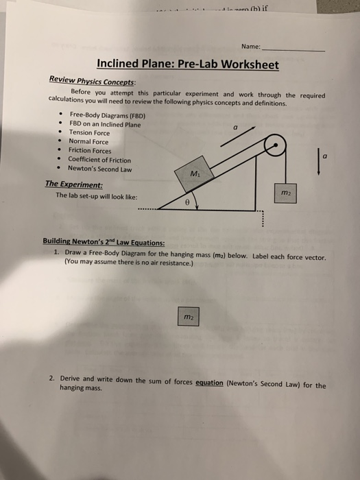 Solved Name Inclined Plane Pre Lab Worksheet Review Chegg