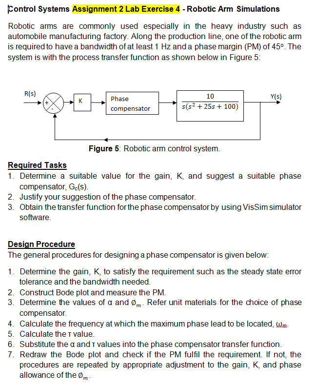 Solved Control Systems Assignment 2 Lab Exercise 4 - Robotic | Chegg.com