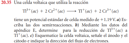 20.35 Una celda voltaica que utiliza la reacción Tl3+ (ac) + 2 Cr²+ (ac) → Tit(ac) + 2 Cr3+(ac) tiene un potencial estándar d