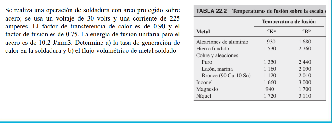 Se realiza una operación de soldadura con arco protegido sobre acero; se usa un voltaje de 30 volts y una corriente de 225 am