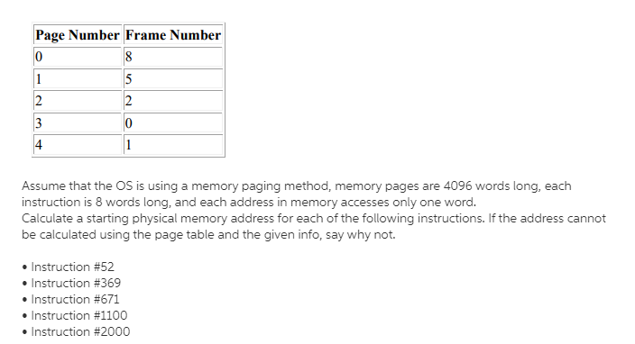 Solved Page Number Frame Number 0 8 1 5 2 2 3 0 4 1 Assume | Chegg.com