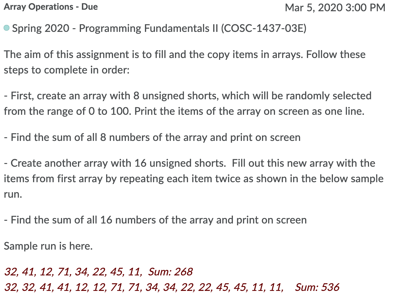 Solved Array Operations - Due Mar 5, 2020 3:00 PM Spring | Chegg.com