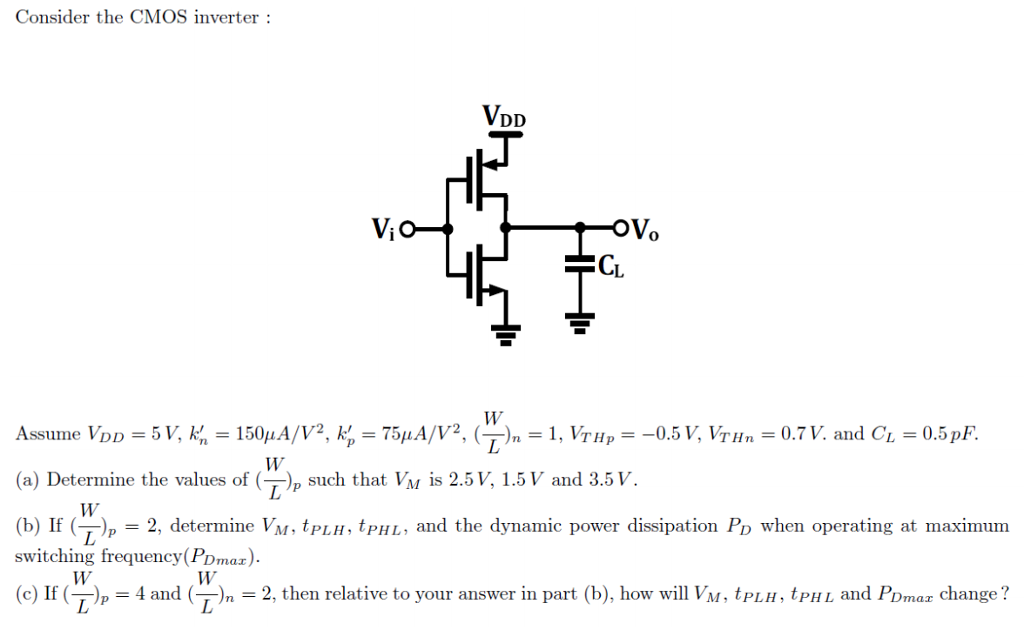 Solved Consider the CMOS inverter: Vi 0 Assume VDD = 5 V, k. | Chegg.com