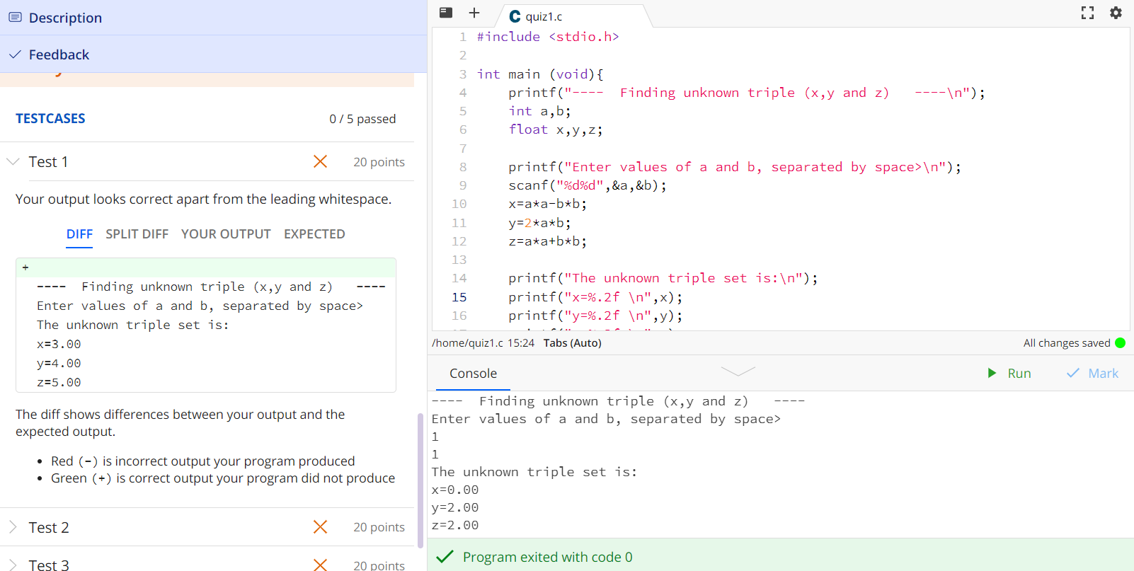 Solved Description TESTCASES Feedback Your output looks | Chegg.com