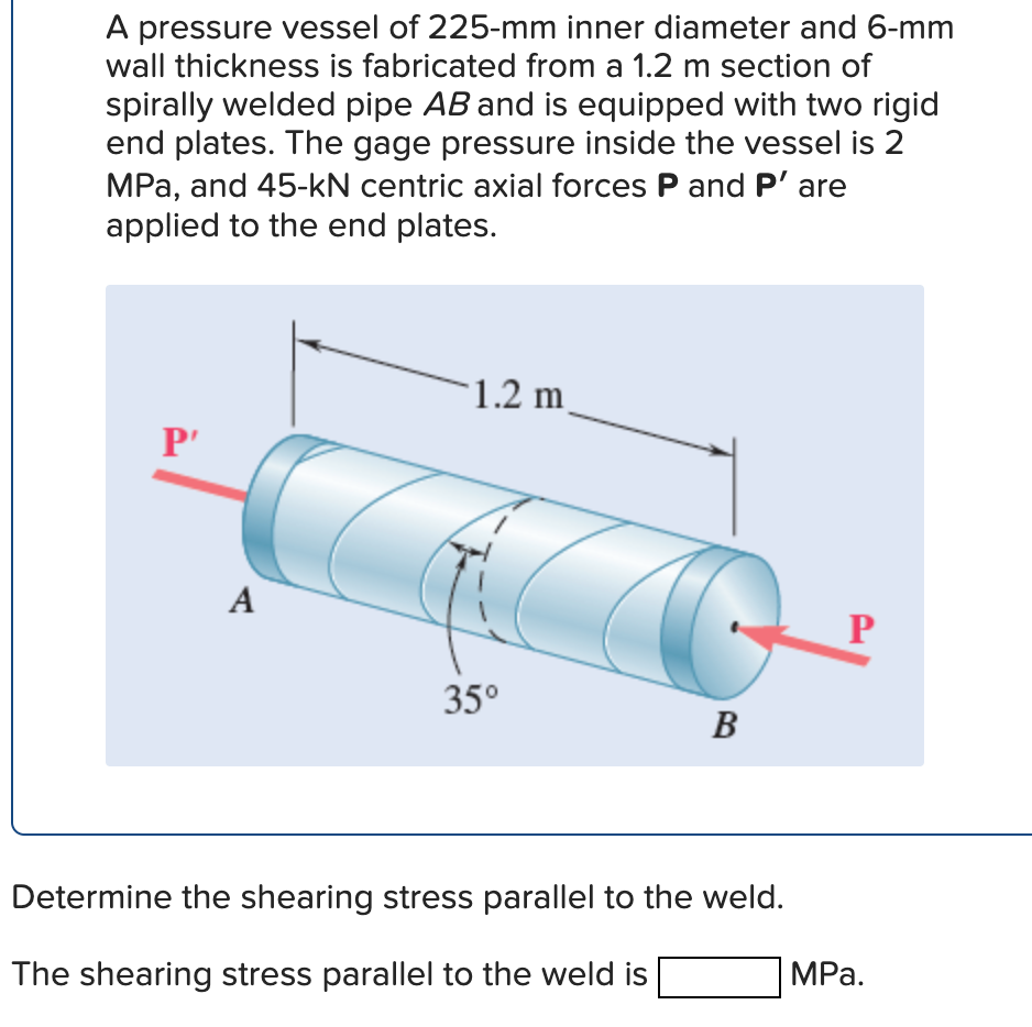 Solved A pressure vessel of 225−mm inner diameter and 6−mm | Chegg.com