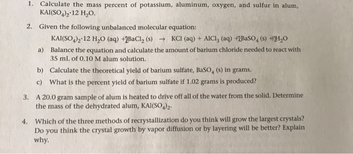 Solved 1. Calculate the mass percent of potassium, aluminum, | Chegg.com